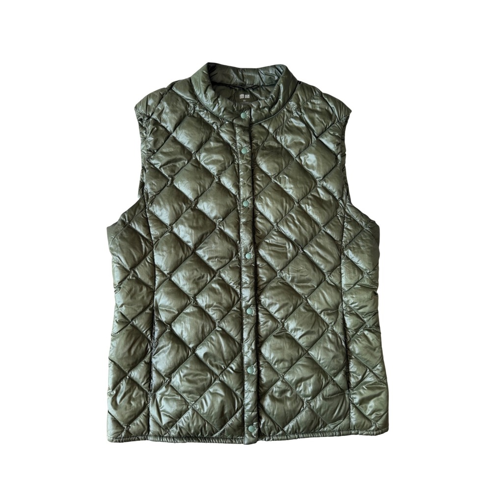 Uniqlo Womens Vest Ultra Light Down Diamond Quilted Snap Front Green XS